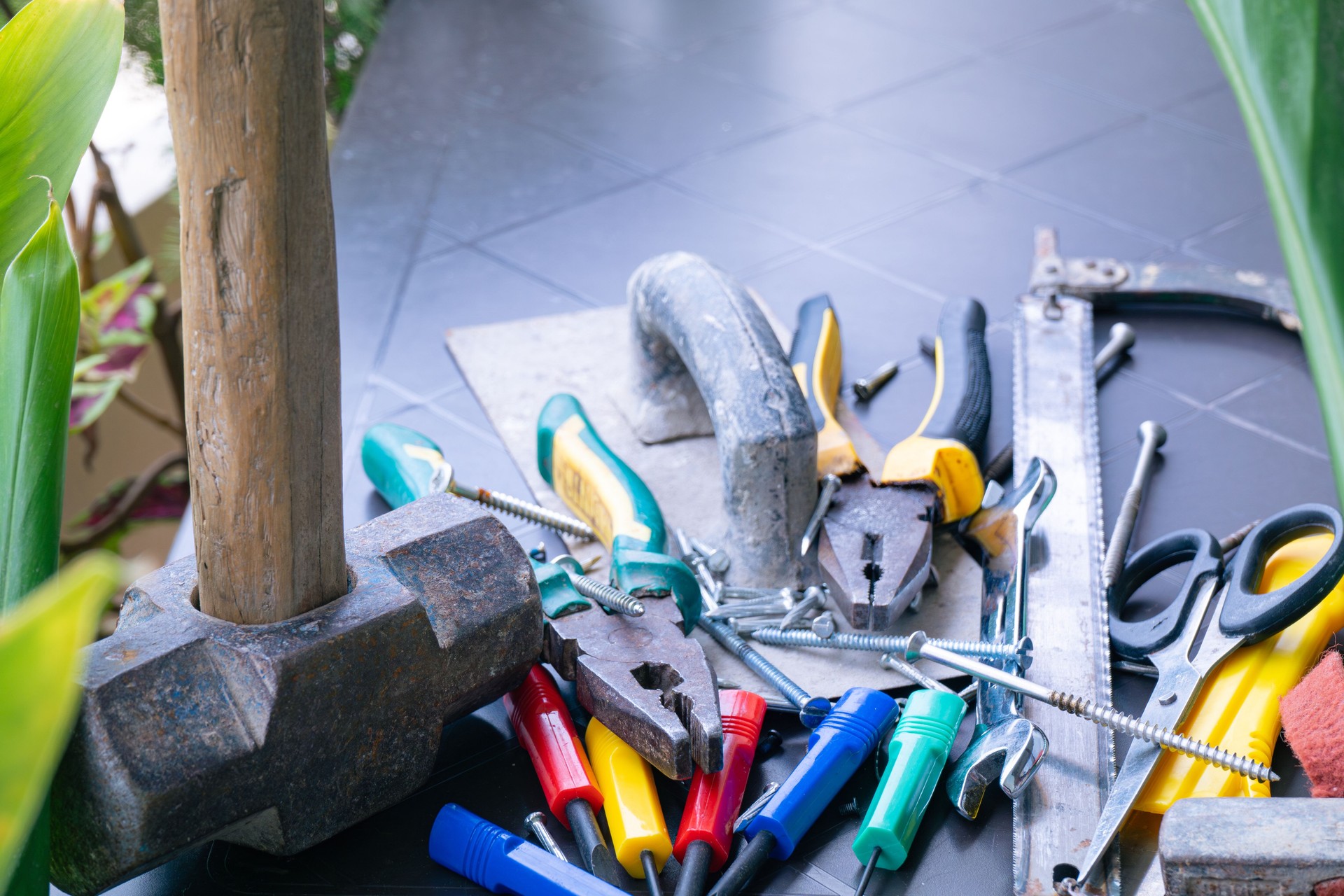 Collection of essential tools Screwdriver, hammer, Wrench for maintenance, plumbers, electricians